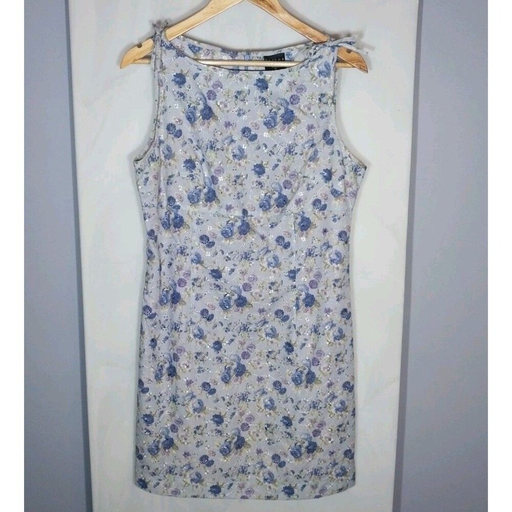 Vintage Floral Eyelet Embroidered Sheath Dress 12 Purple Blue Bows USA Prairie